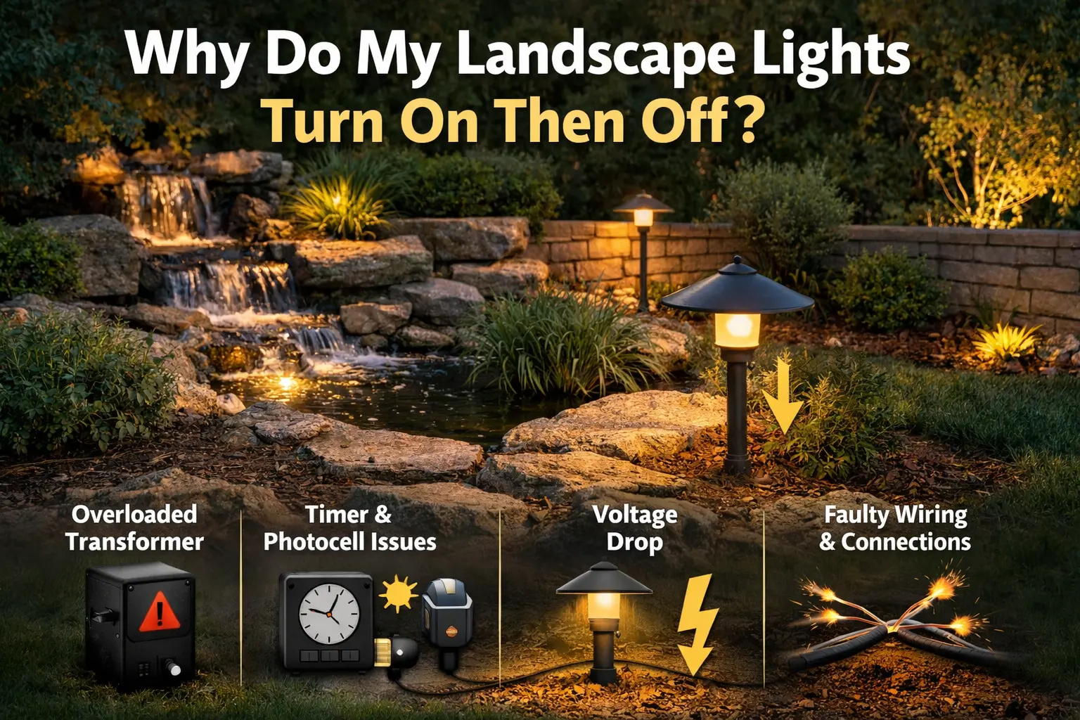 Landscape lighting system with path lights and transformer troubleshooting why lights turn on then off