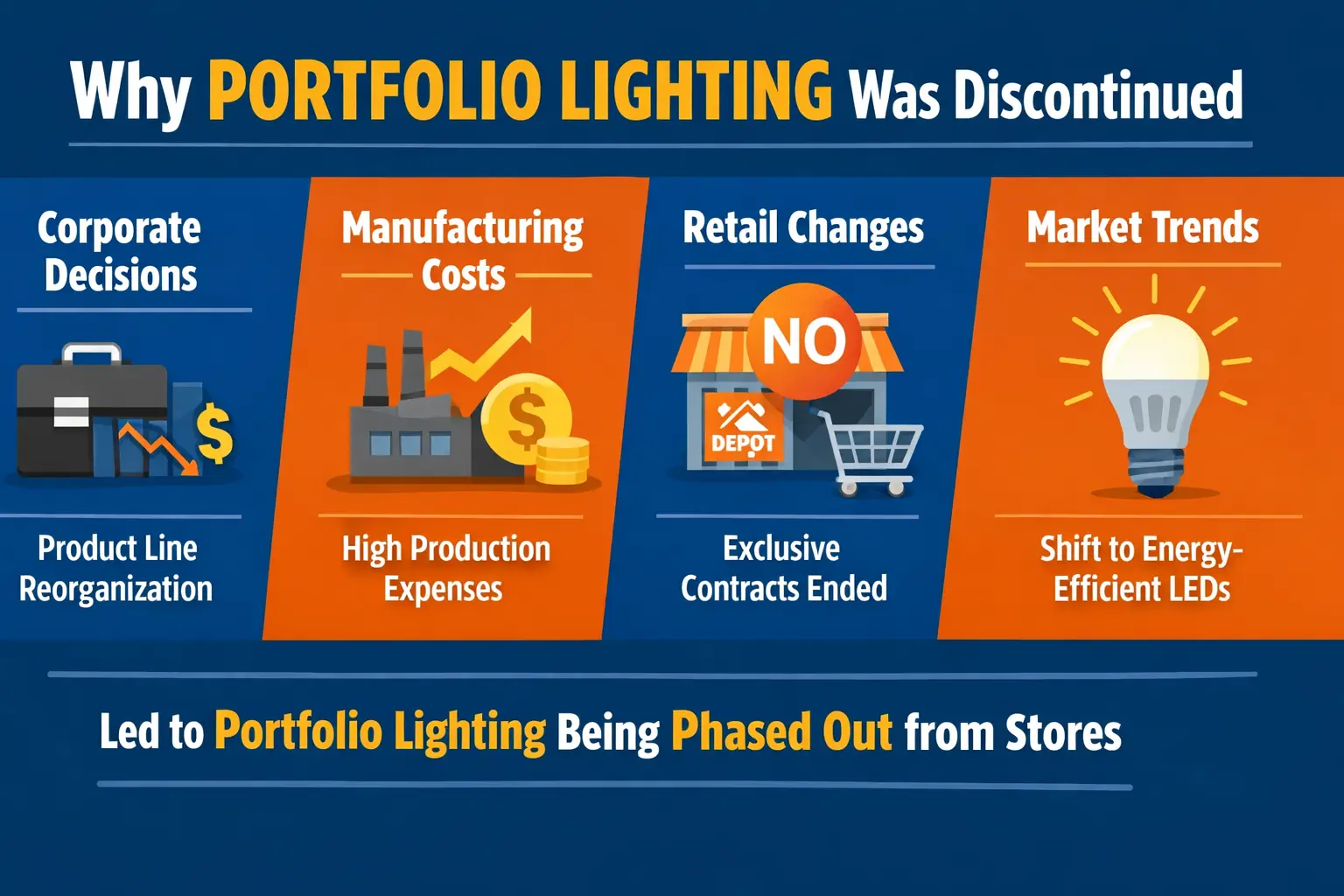 Why Portfolio lighting was discontinued including corporate decisions, manufacturing costs, retail changes, and shift to LED lighting